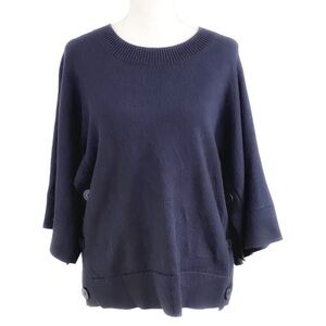 COS 100% WOOL NAVY SIDE BUTTON CREWNECK WIDE HALF SLEEVES KNITTED SWEATER - XS